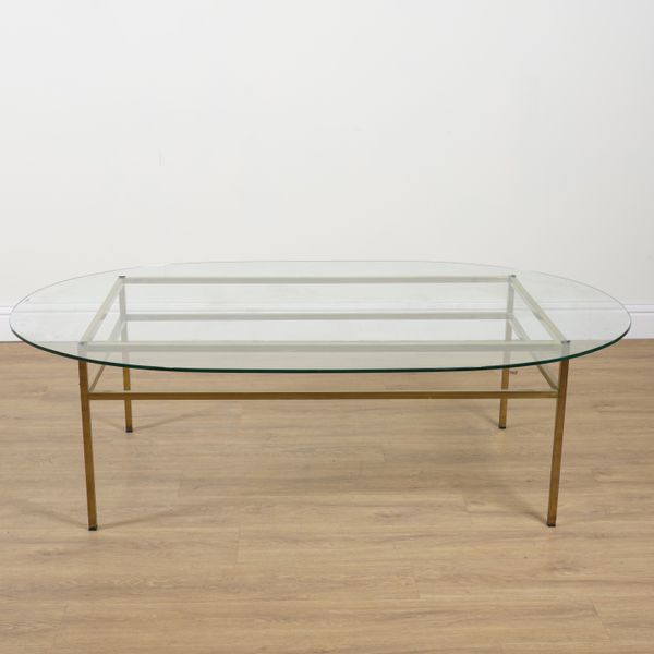 A MODERN OVAL GLASS TOP BRASS FRAMED COFFEE TABLE