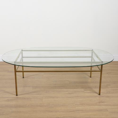 A MODERN OVAL GLASS TOP BRASS FRAMED COFFEE TABLE