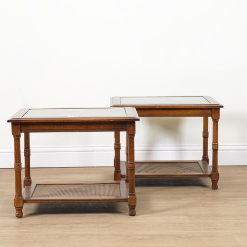 A PAIR OF STAINED BEECH TWO TIER SIDE TABLES (2)