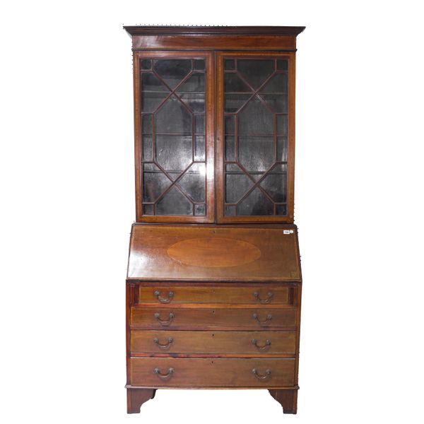 AN EDWARDIAN MAHOGANY SATINWOOD INLAID BUREAU BOOKCASE