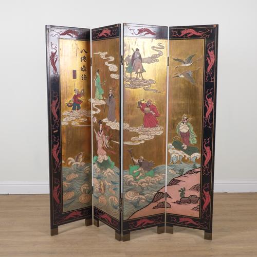 A 20TH CENTURY CHINESE LACQUERED AND GILT FOUR PANEL SCREEN
