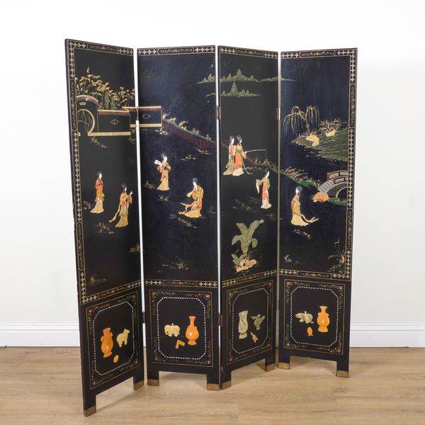 A 20TH CENTURY CHINESE EXPORT BLACK LACQUER FOUR FOLD SCREEN