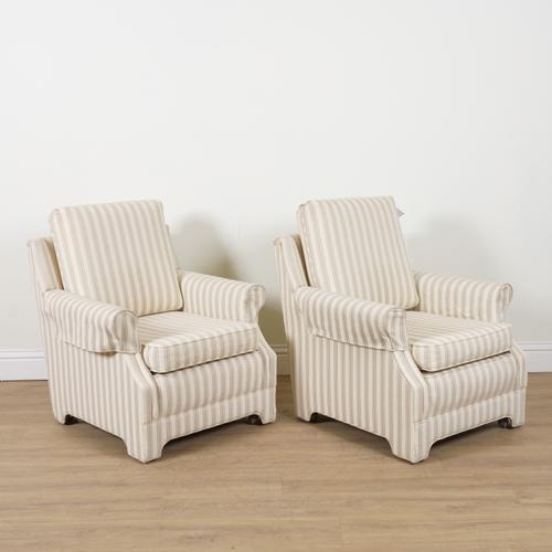 WESLEY BARREL; A PAIR OF 20TH CENTURY STRIPED UPHOLSTERED EASY ARMCHAIRS (2)
