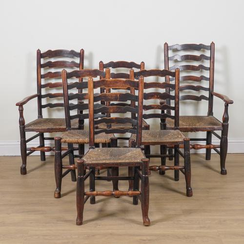 A MATCHED SET OF SIX 19TH CENTURY ASH LANCASHIRE LADDER BACK KITCHEN CHAIRS (6)
