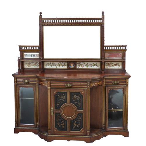 AN AESTHETIC MOVEMENT GILT AND EBONY HIGHLIGHTED MAHOGANY SIDEBOARD