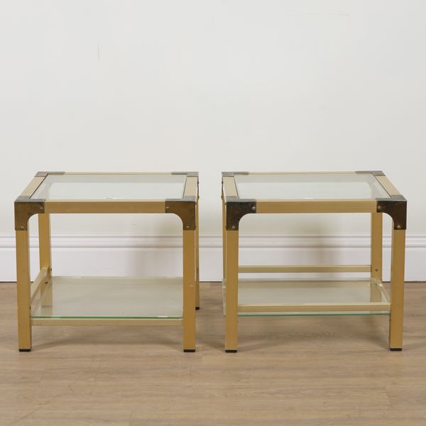 A PAIR OF MID 20TH CENTURY BRASS AND GLASS SQUARE TWO TIER OCCASIONAL TABLES (2)