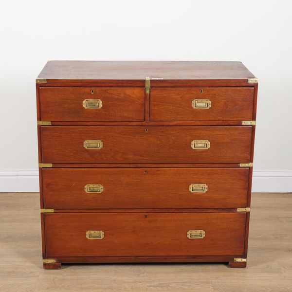 A CAMPAIGN STYLE BRASS BOUND TEAK CHEST OF DRAWERS