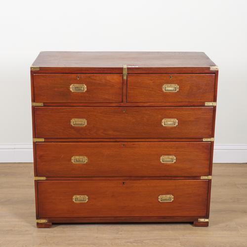 A CAMPAIGN STYLE BRASS BOUND TEAK CHEST OF DRAWERS