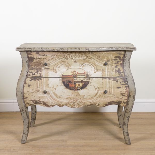 A MODERN POLYCHROME PAINTED BOMBE CHEST OF DRAWERS