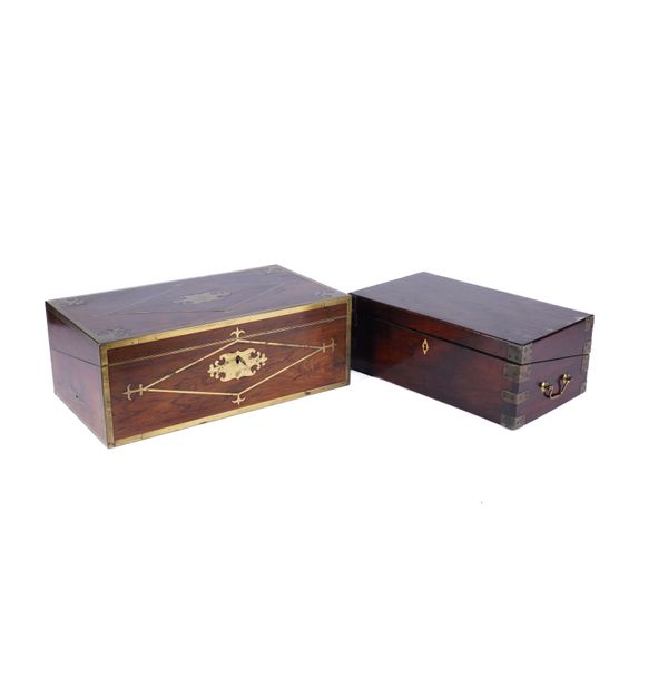 A BRASS BOUND ROSEWOOD WRITING SLOPE (2)