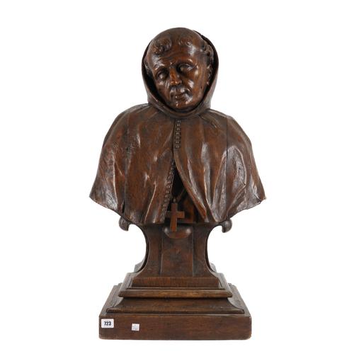 A FRENCH BAROQUE STYLE OAK BUST OF A BENEDICTINE MONK