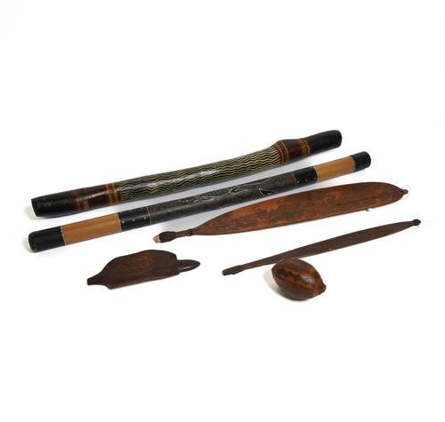 ABORIGINAL INTEREST: A COLLECTION OF ITEMS INCLUDING TWO WOOMERA SPEAR THROWERS (6)