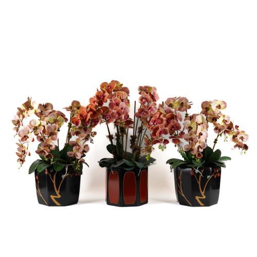 A PAIR OF BLACK JAPANESE STYLE JARDINIERES AND ANOTHER CONTAINING FAUX FLOWERS (3)