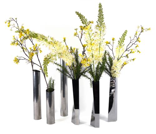 A SET OF THREE ALESSI VASES AND THREE PORTUGUESE VASES CONTAINING FAUX FLOWERS (6)