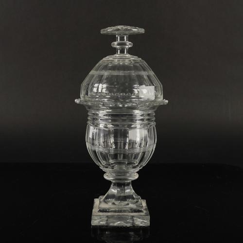 A TALL CUT GLASS SWEETMEAT JAR AND COVER