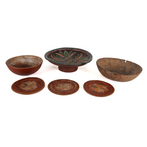 A NORTH EUROPEAN PAINTED TAZZA AND A BURR WOOD BOWL TOGETHER WITH OTHERS  (6)