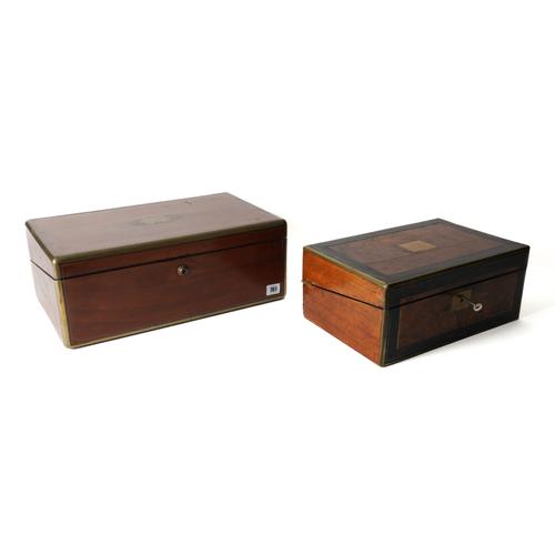 A BRASS INLAID MAHOGANY MOUNTED AND INLAID WRITING BOX (2)