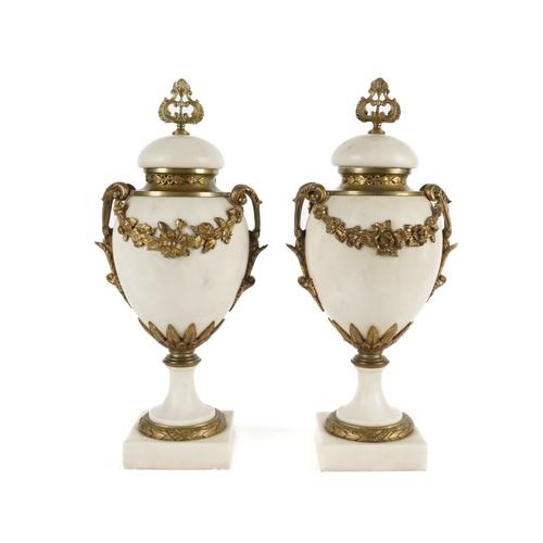 A PAIR OF LOUIS XVI STYLE GILT-METAL WHITE MARBLE OVERMANTEL URNS (2)
