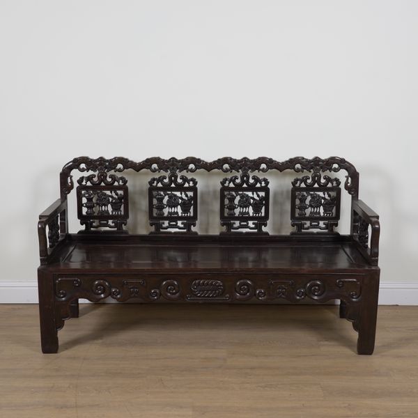 A CHINESE STAINED HARDWOOD BENCH