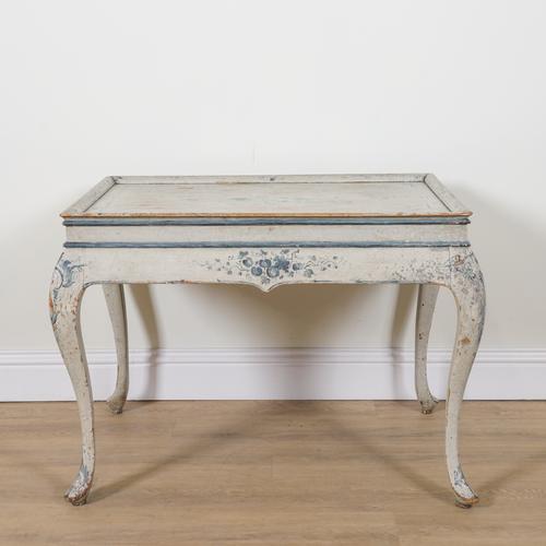 A 19TH CENTURY POLYCHROME PAINTED PINE TRAY TOP CENTRE TABLE