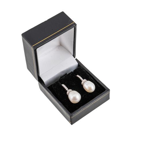 A PAIR OF PEARL AND DIAMOND DROP EARRINGS (3)