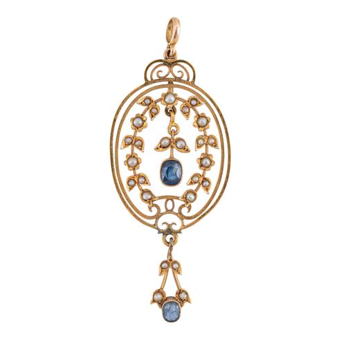 A GOLD, SAPPHIRE AND SEED PEARL PENDANT