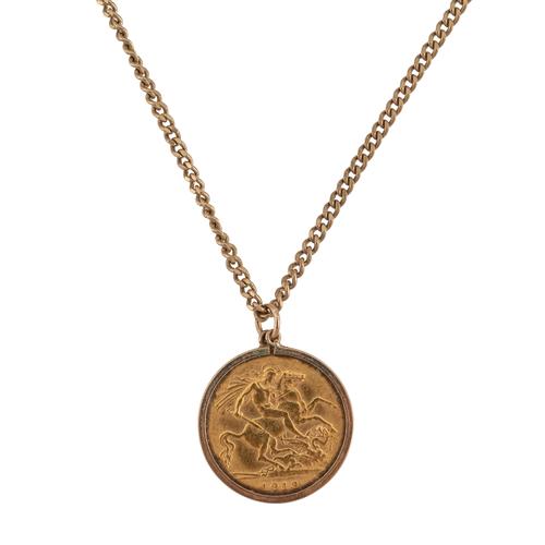 A GEORGE V HALF SOVEREIGN PENDANT AND A 9CT GOLD NECKCHAIN (2)