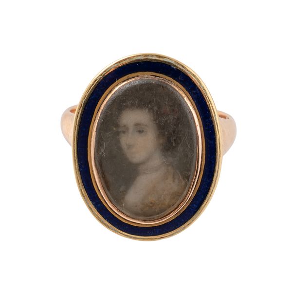 A GOLD, BLUE ENAMELLED AND PORTRAIT MINIATURE RING