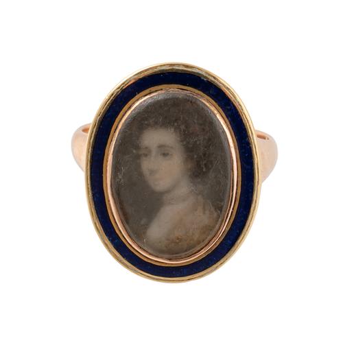 A GOLD, BLUE ENAMELLED AND PORTRAIT MINIATURE RING