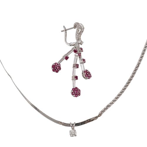 A DIAMOND PENDANT NECKLACE AND A SINGLE RUBY AND DIAMOND EARRING (2)