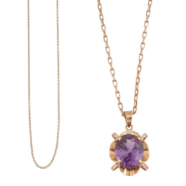 A SYNTHETIC COLOUR CHANGE PENDANT NECKLACE AND ANOTHER CHAIN (2)