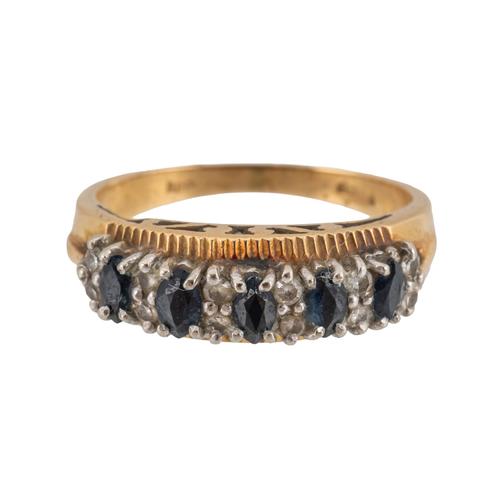 AN 18CT GOLD, SAPPHIRE AND DIAMOND HALF HOOP RING