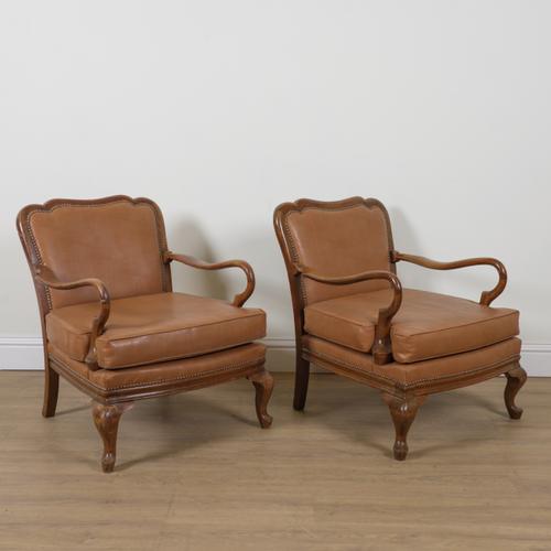 A PAIR OF GEORGE II STYLE STAINED BEECH FRAMED OPEN ARMCHAIRS