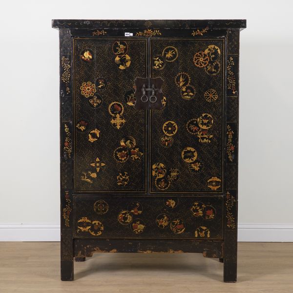 A LATE 19TH CENTURY CHINESE EXPORT CHINOISERIE DECORATED TWO DOOR CUPBOARD