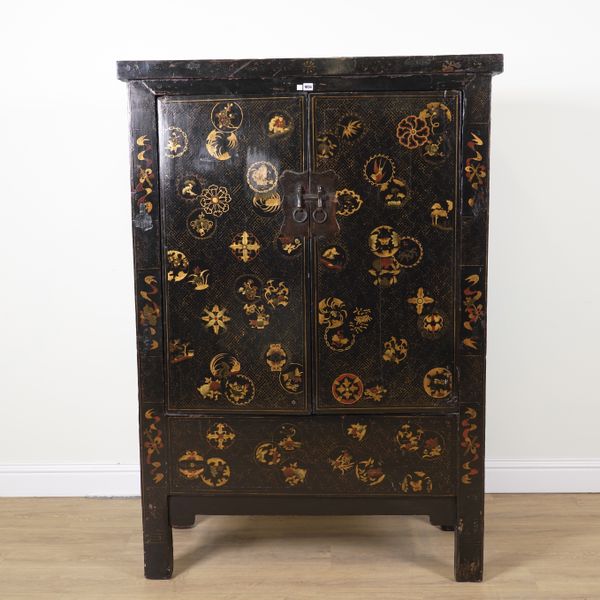 A LATE 19TH CENTURY CHINESE EXPORT CHINOISERIE DECORATED TWO DOOR CUPBOARD