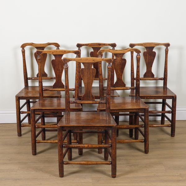 A MATCHED SET OF SIX EARLY 18TH CENTURY ASH AND ELM VASE BACK DINING CHAIRS (6)