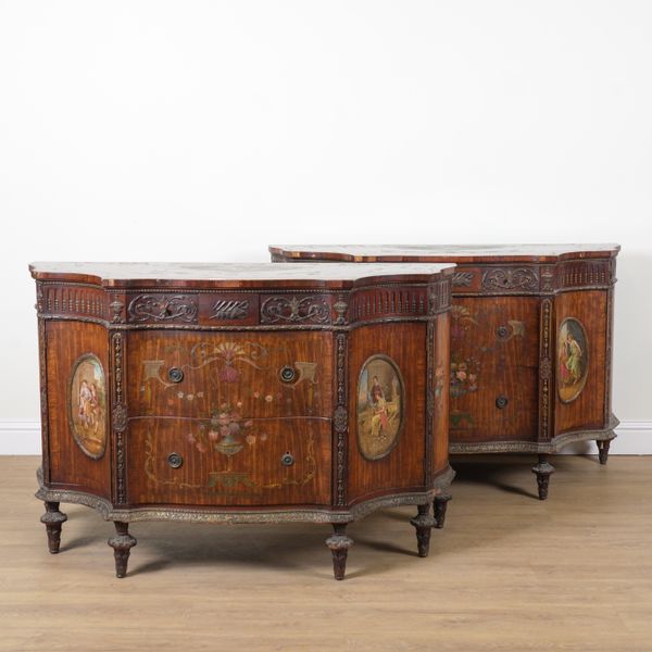 A PAIR OF GEORGE III STYLE INLAID AND POLYCHROME PAINTED SATINWOOD COMMODES (2)
