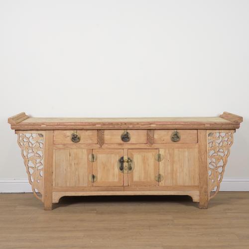 A LATE 19TH CHINESE SANDBLASTED HARDWOOD AND ELM SIDEBOARD