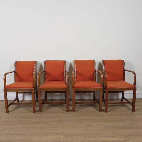 A SET OF FOUR MID 20TH CENTURY WALNUT OPEN ARMCHAIRS (4)