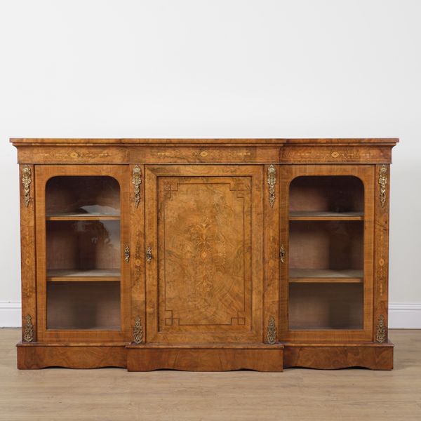 A VICTORIAN GILT METAL MOUNTED MARQUETRY INLAID FIGURED WALNUT BREAKFRONT SIDE CABINET