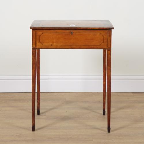 A GEORGE III SATINWOOD INLAID LIFT TOP WRITING TABLE