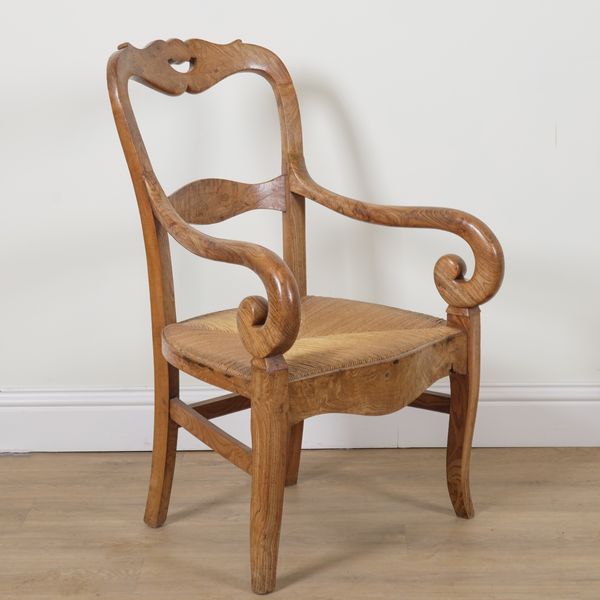 A FRENCH ASH FRAMED OPEN ARMCHAIR