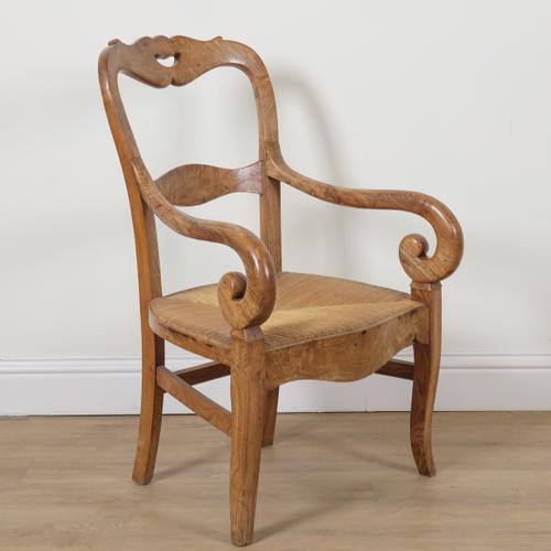 A FRENCH ASH FRAMED OPEN ARMCHAIR