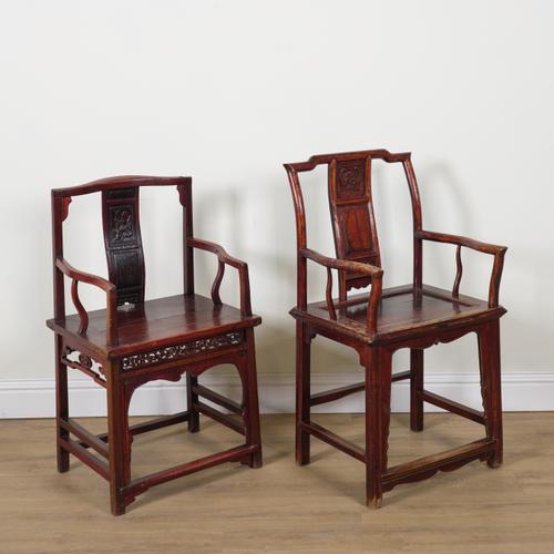 TWO EARLY 20TH CENTURY CHINESE HARDWOOD OPEN ARMCHAIRS (2)