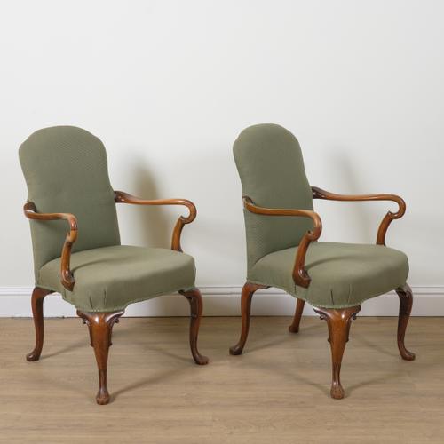 A PAIR OF GEORGE II WALNUT FRAMED OPEN ARMCHAIRS (2)