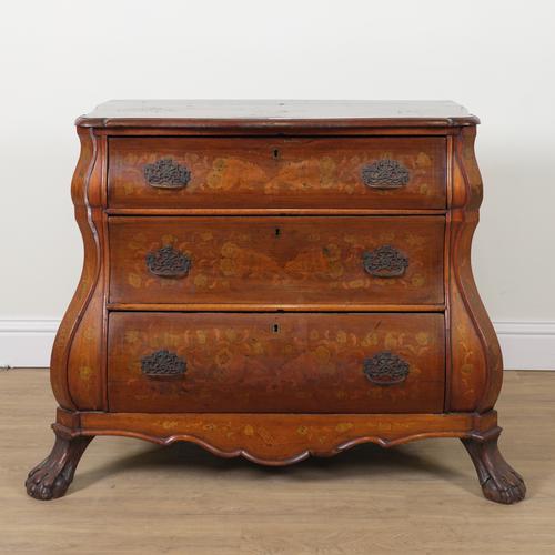 AN 18TH CENTURY DUCTH WALNUT MARQUETRY INLAID BOMBE CHEST OF DRAWERS
