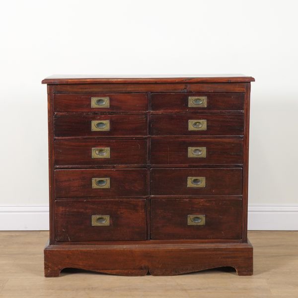 A 19TH CENTURY TEAK SHALLOW CAMPAIGN STYLE CHEST OF DRAWERS