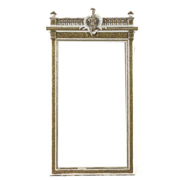 A 19TH CENTURY WHITE PAINTED PARCEL GILT RECTANGULAR WALL MIRROR (2)