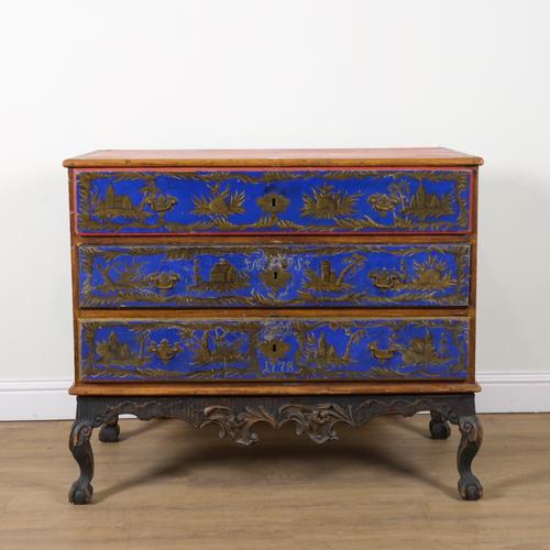 AN 18TH CENTURY NORTH EUROPEAN POLYCHROME PAINTED OAK AND PINE COMMODE