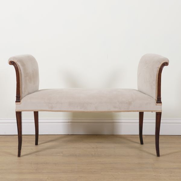 A GEORGE III STYLE MAHOGANY UPHOLSTERED WINDOW SEAT